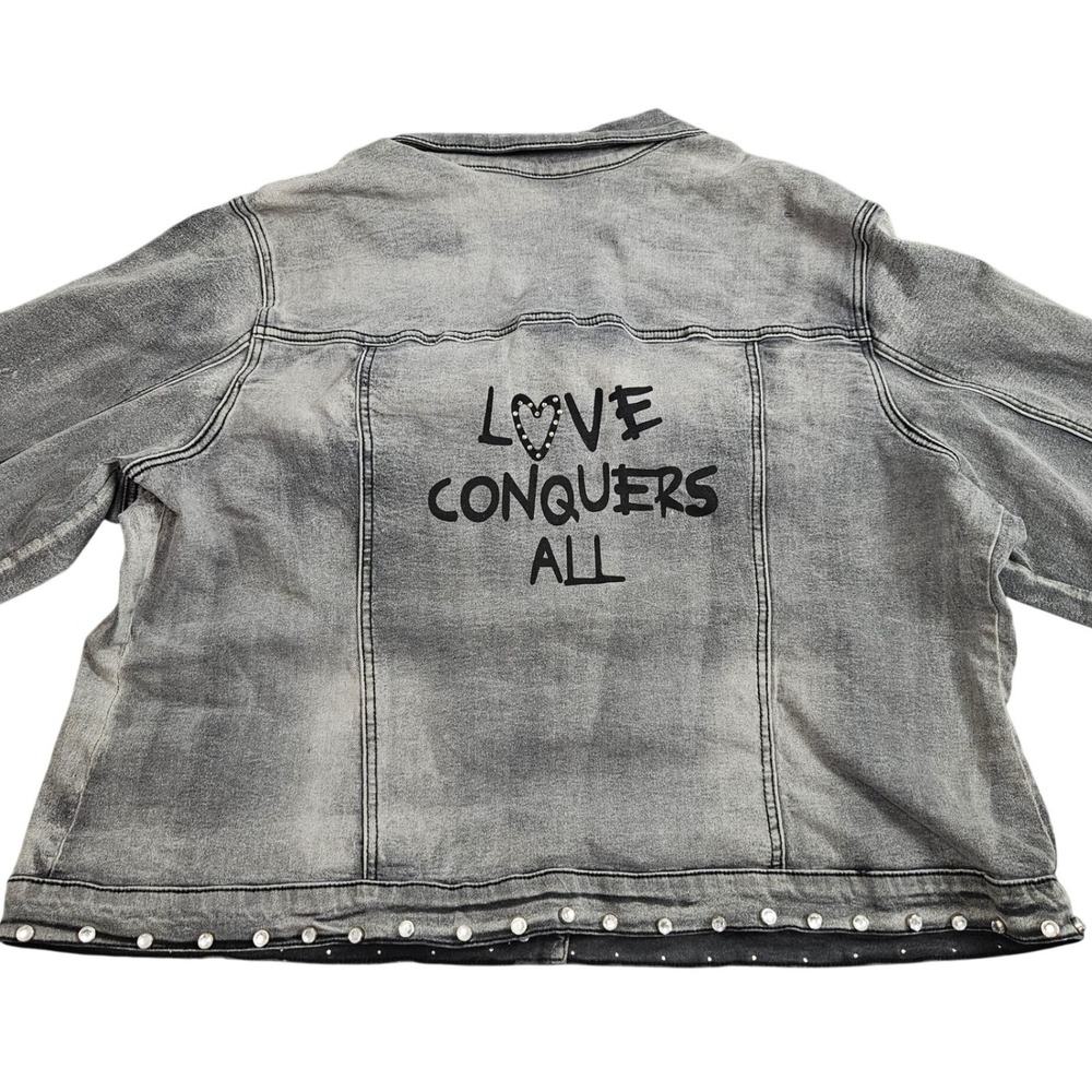 Ashley Stewart Custom Graphic‎ Denim Jacket 26/28 Studded Cropped Statement Love - Picture 2 of 8